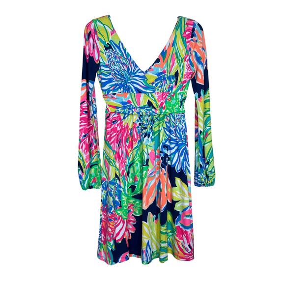 Lilly Pulitzer Fleur Dress XS Travelers Palm V-Neck Long Sleeve Fit and Flare - Picture 1 of 8